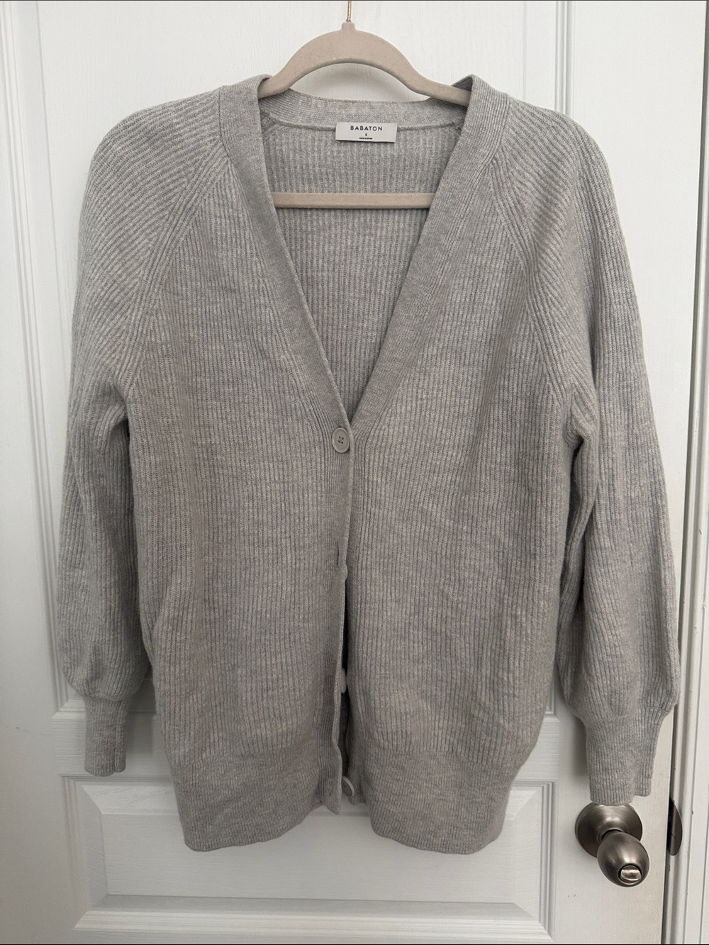 Babaton Gray Ribbed V-Neck Button-Front Cardigan